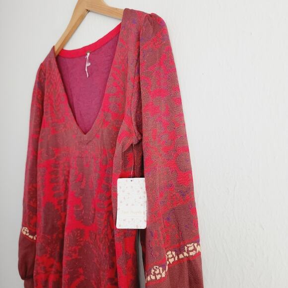 Free People Music and Lyrics Damask Knit Long Sleeve Sweater Dress Red S NWT - Picture 7 of 13